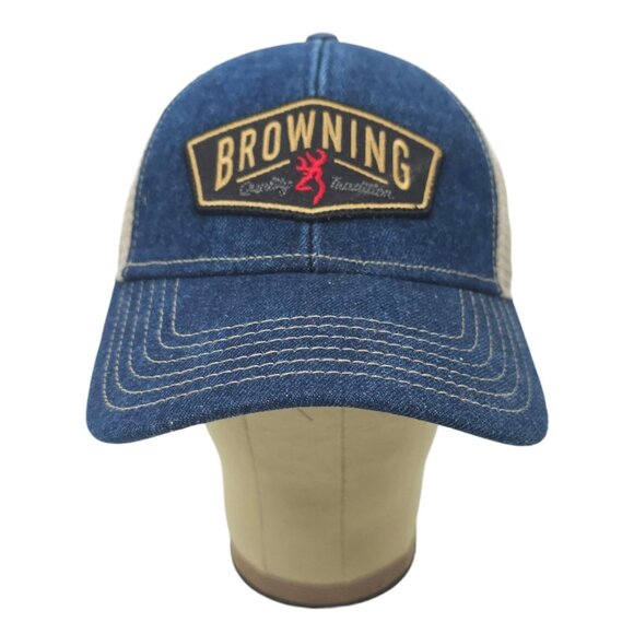 Browning Slack Denim Mesh Snapback Cap Trucker Baseball Logo Patch Hunter Hat - Picture 13 of 14